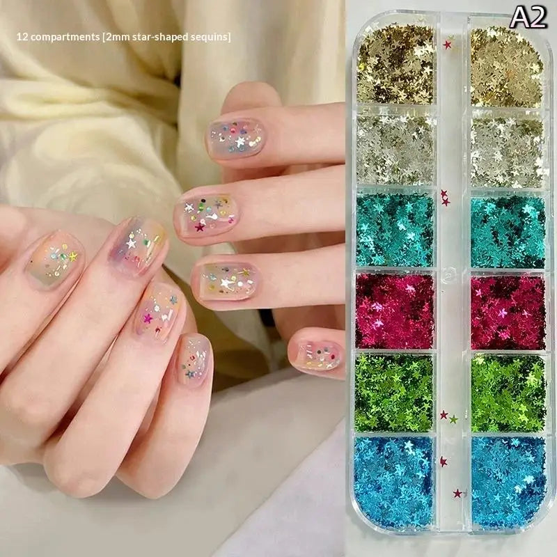 *12 Grids Mixed Mini Circular Colorful Nail Glitter Wave Point Sequin Sparkling Flower DIY Nail Decoration Nail Charms Pi-Mart
