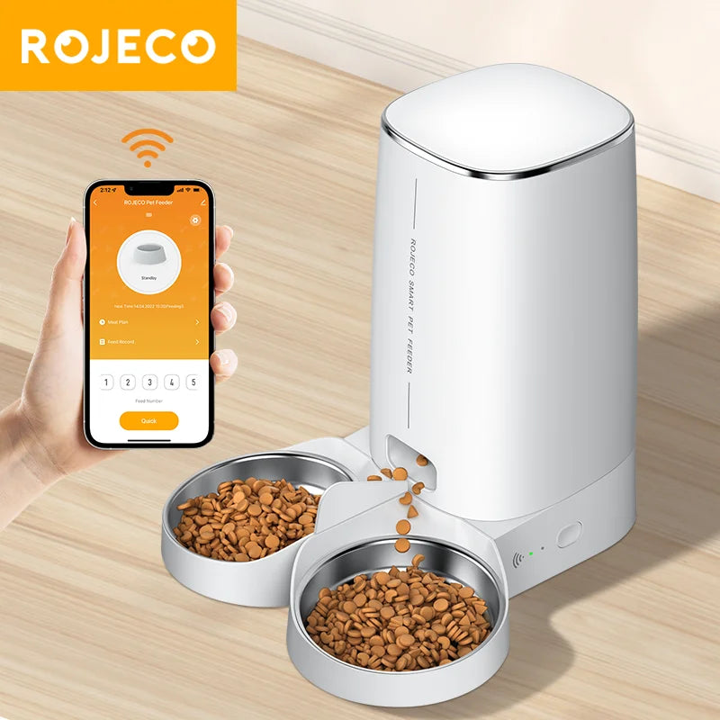 ROJECO Automatic Cat Feeder Pet Smart Cat Food Kibble Dispenser Remote Control Auto WiFi Double Feeder For Cats Dog Accessories Pi-Mart