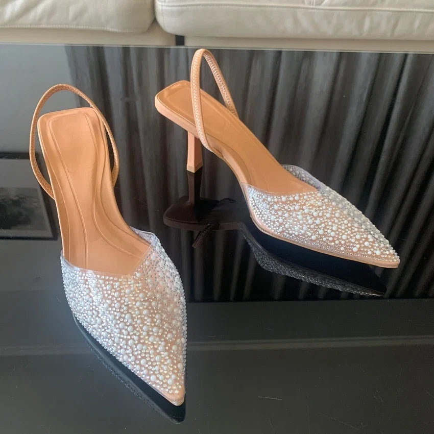 2024 Fashion Summer Women High Heels Pearl Decoration Slingback Woman Pumps Pointed Toe High Heels Sandals Elegant Woman Shoes LadyShow.Store