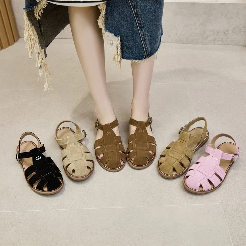 AIYUQI Flat-soled Retro Genuine Leather Hollow Baotou Sandals Women's 2026 New Hollow Pig Cage Women's Sandals LadyShow.Store