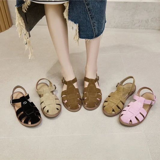 AIYUQI Flat-soled Retro Genuine Leather Hollow Baotou Sandals Women's 2026 New Hollow Pig Cage Women's Sandals LadyShow.Store