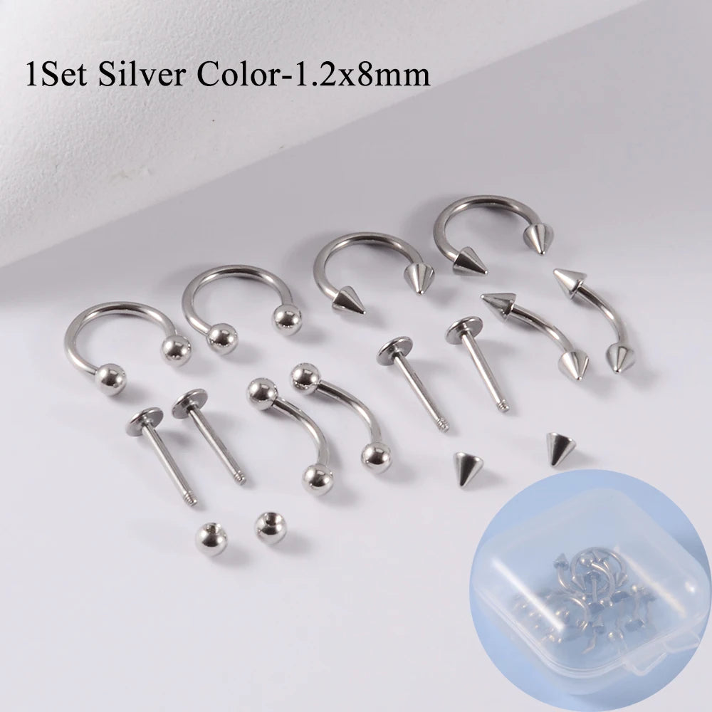 12pcs/Set Surgical Steel Silver Color Gold Plated Black Rainbow Ear Nose Eyebrow Labret Basic Piercing Jewelry Set 8mm Pi-Mart