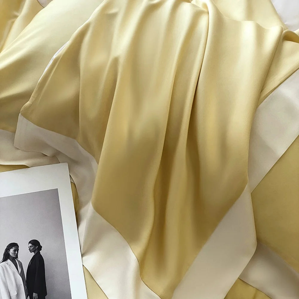 Liv-Esthete Top Grade 100% Silk Duvet Cover Set Queen King Yellow White Bedding Set Flat Sheet Beauty Pillowcase Bed Linen Pi-Mart