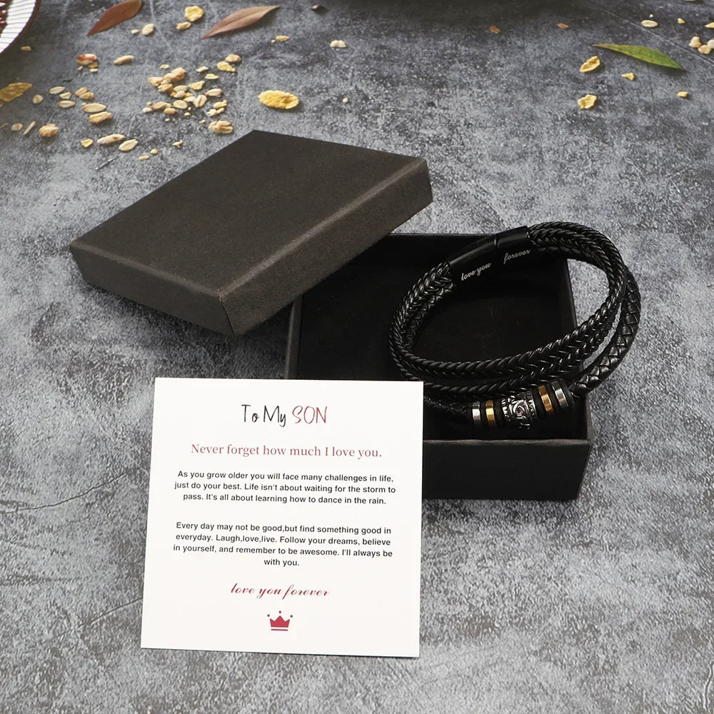Bracelet for Son/Grandson From Parents, Stainless Steel Leather Bead Grown Up Meaningful Graduation Gifts for His Birthday 8.5" Pi-Mart