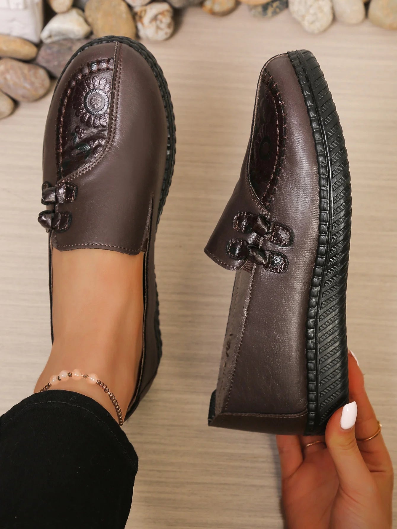Women's Spring Autumn Leather Loafers Floral Embossed Slip‑On Flats Anti‑Slip Comfort Casual Mom Daily Walking Free Shipping Pi-Mart