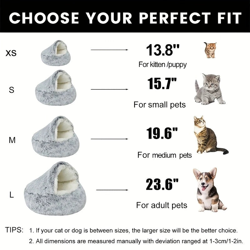 Plush Hooded Cat Cave Bed Round Semi‑Enclosed Shell Pet Nest Washable Anti‑Slip Warm All Season Sleeping Bed For Cats Small Dogs Pi-Mart
