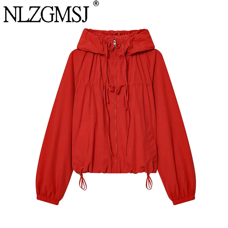 Nlzgmsj 2026 Spring Casual Hoodie Red Jackets Women Long Sleeve Zipper Short Coats Fashion Y2K Girl Outwears Pi-Mart