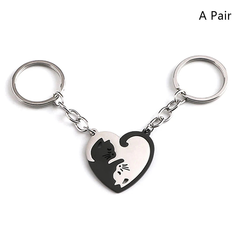 Cute Hug Cat Keychain Creative Patchwork Heart Round Keyring Couple Lovers Key Chains Bag Pendant Car Keyholder Accessories Gift Pi-Mart