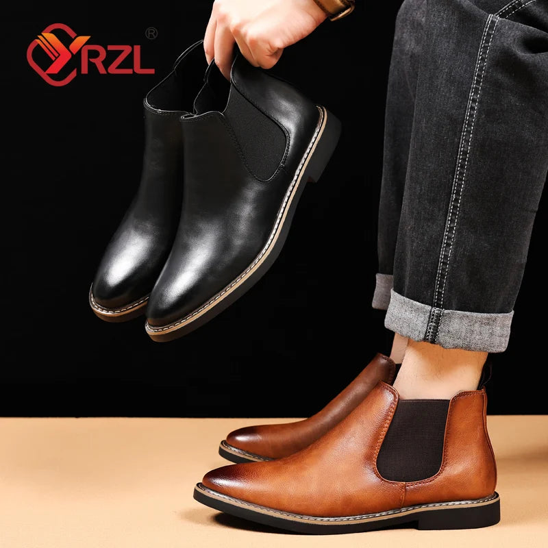 YRZL 39~47 Men Chelsea Boots Brand Retro Comfortable PU Leather Ankle Boots Men 2025 Fashion Black Brown Mens Boots Pi-Mart