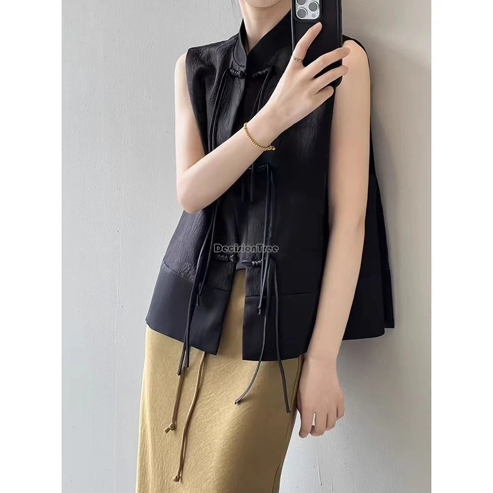 2026 spring new chinese new style plate buckle waistcoat jacket jacquard stand collar sleeveless retro women cheongsam waistcoat Pi-Mart