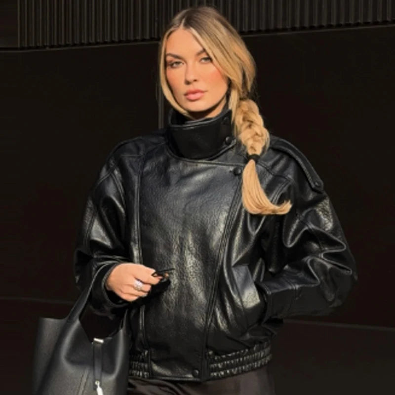 HXAO New Arrival Women's Bomber Jacket Leather Black Jackets Cropped Oversize Outerwears Zip-Up Long Sleeve Coats Outdoor Jacket Pi-Mart