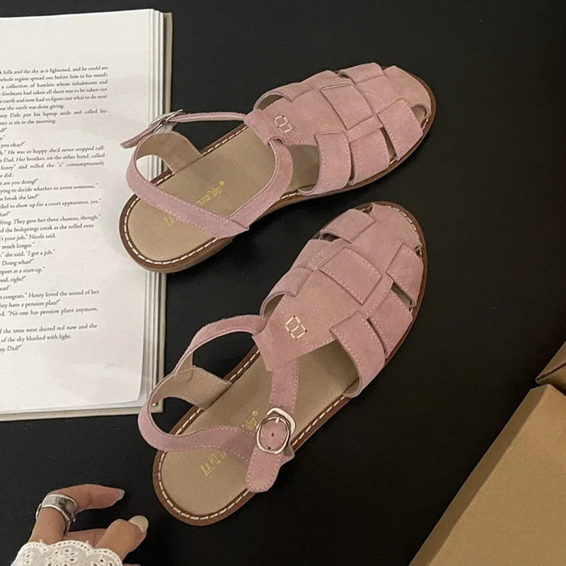 DIMANYU Women's Roman Sandals 2026 Summer New Flat Retro Real Leather Ladies Sandals Hollowed Women's Cage Shoes LadyShow.Store