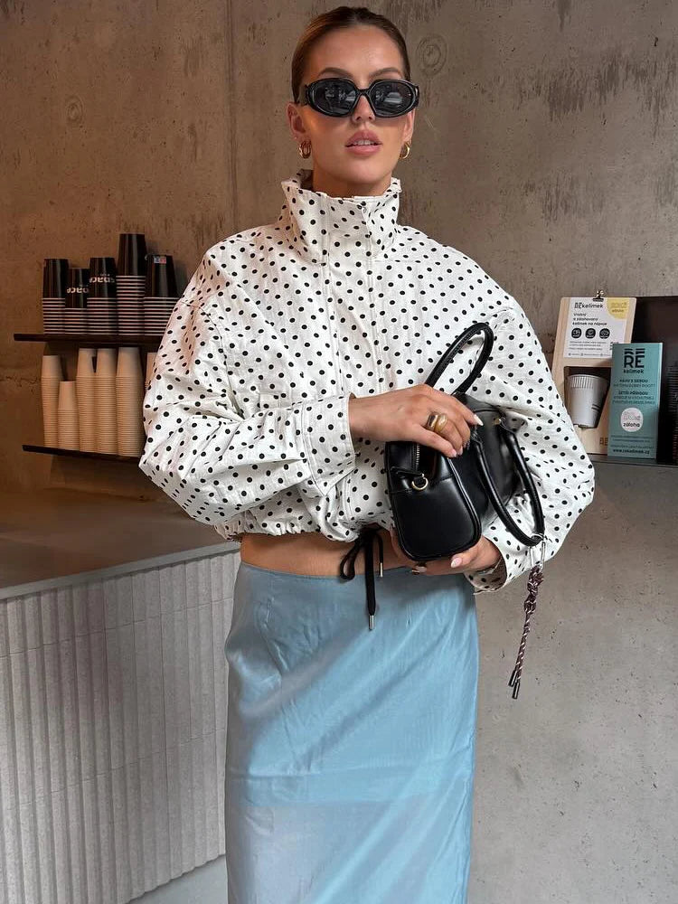 HH Fashion Women's Polka Dot Print Short Coats Autumn Long Sleeves Turtleneck Zipper With Pockets Drawstring Casual Jacket Pi-Mart