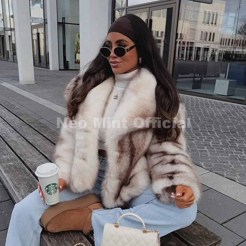 Neo Mint 2025 Winter Exclusive Striped Faux Fur Jacket Women Overcoat Brand Blogger Fashion Fluffy Fox Fur Collar Coat Outerwear LadyShow.Store