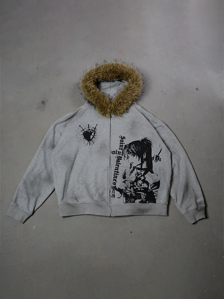 Winter Fashion Streetwear Women's Gothic Printed Faux Fur Hooded Jacket Trendy Edgy Zip - Up Sweatshirt 2026 New Arrival LadyShow.Store