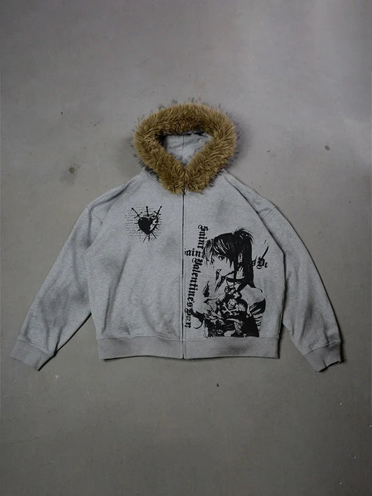 Winter Fashion Streetwear Women's Gothic Printed Faux Fur Hooded Jacket Trendy Edgy Zip - Up Sweatshirt 2026 New Arrival LadyShow.Store