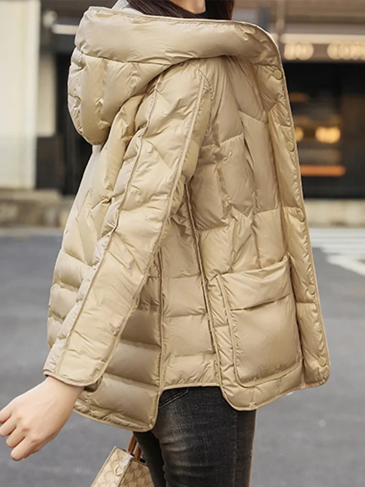 Winter Women 90% White Duck Down Coat Female Stand Collar Single-Breasted Puffer Jacket Casual Loose Hooded Parkas Coat Women LadyShow.Store