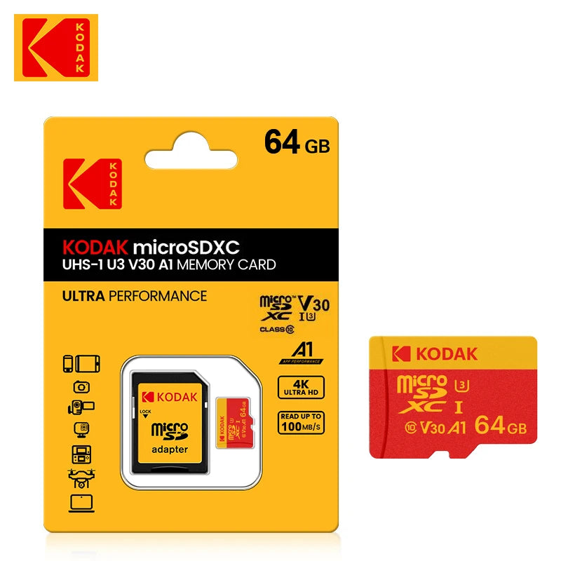 KODAK 128GB Micro SD Card U3 V30 256GB 64GB 32GB 4K High Speed TF Card for Phone Camera Drone Original TYPE-C Reader Pi-Mart