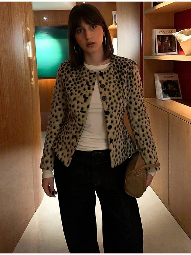 Retro Leopard Faux Fur Short Coat Lady Chic O-neck Single Button Placket Spotted Dot Cropped Long Sleeve Outerwear Street Jacket Pi-Mart