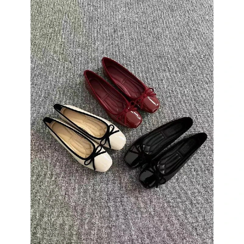 2026 New Women's Patent Leather Bow Ballet Flats, Square Toe Soft Sole Slip-on Casual Shoes for Spring Summer LadyShow.Store