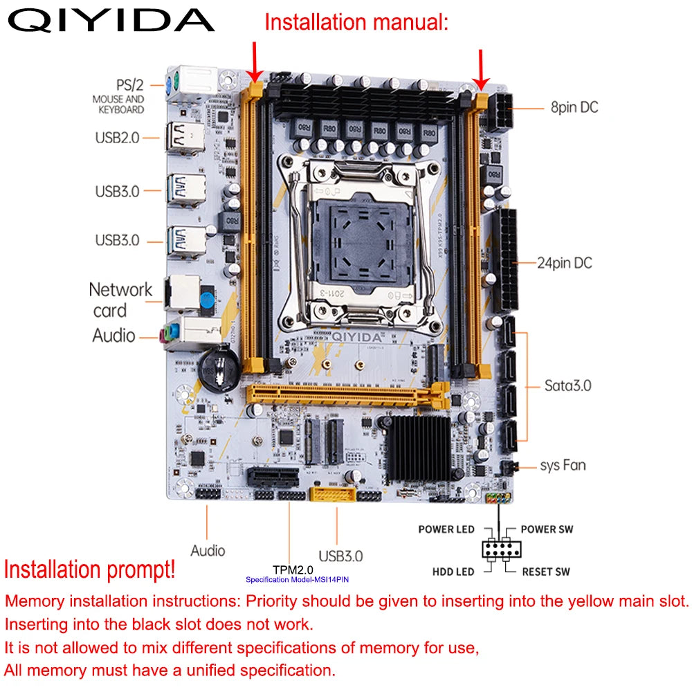QIYIDA X99 Motherboard LGA2011-3 Slot SATA3.0 USB3.0 NVME M.2 NGFF WIFI Support DDR4 Memory and Xeon E5 V3 V4 Processor TPM14PIN Pi-Mart