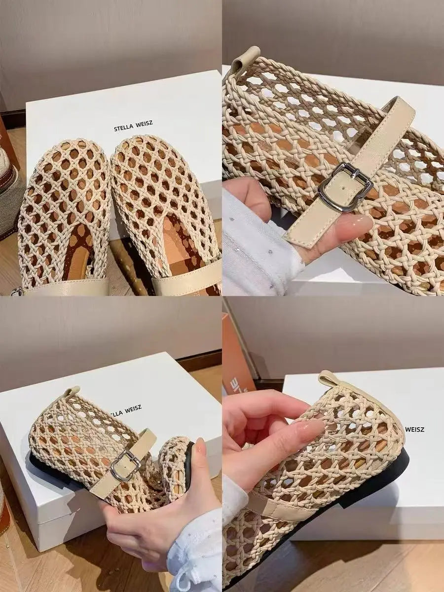 2026 Summer New Fashion Simple One-Buckle Vintage Flats for Women, Soft and Comfortable Ballet Shoes, Shallow Mouth Sandals Pi-Mart