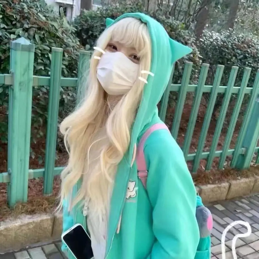 Zipper Hoodie Gothic Cartoon Kawaii Cat Ear Y2k Jacket Zip Up Thin Coat Spring Autumn Cute Core 2000s Clothes Fall Sweatshirts LadyShow.Store