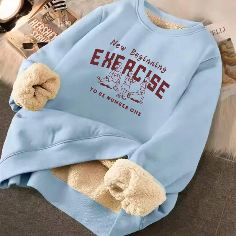 Sweatshirt Women's Winter Loose Letter Print Plush Thick Hooded Sweatshirt Warmth Padded Warm Fleece Lined Pullover Sweater Top LadyShow.Store