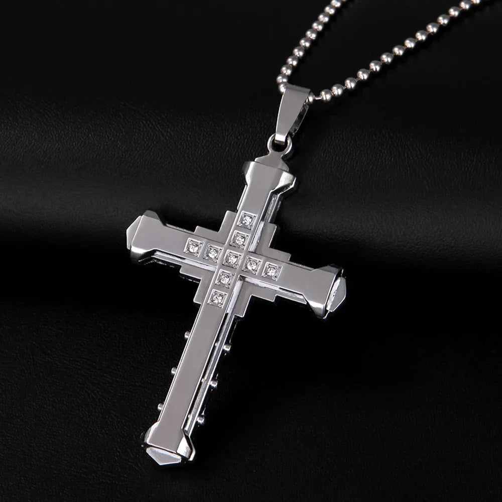2024 New Male Crystal Cross Jesus Pendant Gold/Black/Blue Color Zirconia Cross Pendant Necklace Stainless Steel Jewelry Pi-Mart