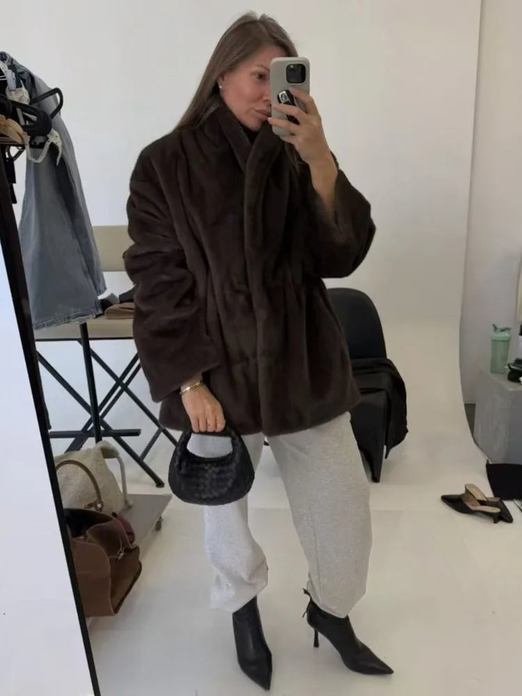 DFDG Women’s 2025 Autumn Winter Simple Casual Faux Mink Fur Coat Stand Collar Eco Plush Jacket Thickened Designer Outerwear Coat LadyShow.Store