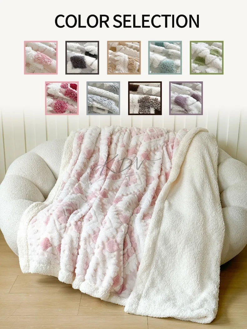 Geometric Patterned Jacquard Fleece Blanket Double Layer Thick Warm Taffeta Sofa Throw Blanket Spring Autumn Plush Bed Blanket Pi-Mart