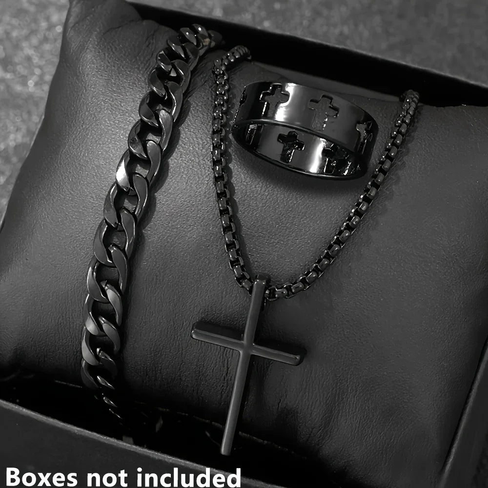 Cross-Style Accessories Set Bracelet Necklace Ring 3 Pieces Stainless Steel Elegant Suitable Both Men Women Fashionable Gift Set Pi-Mart