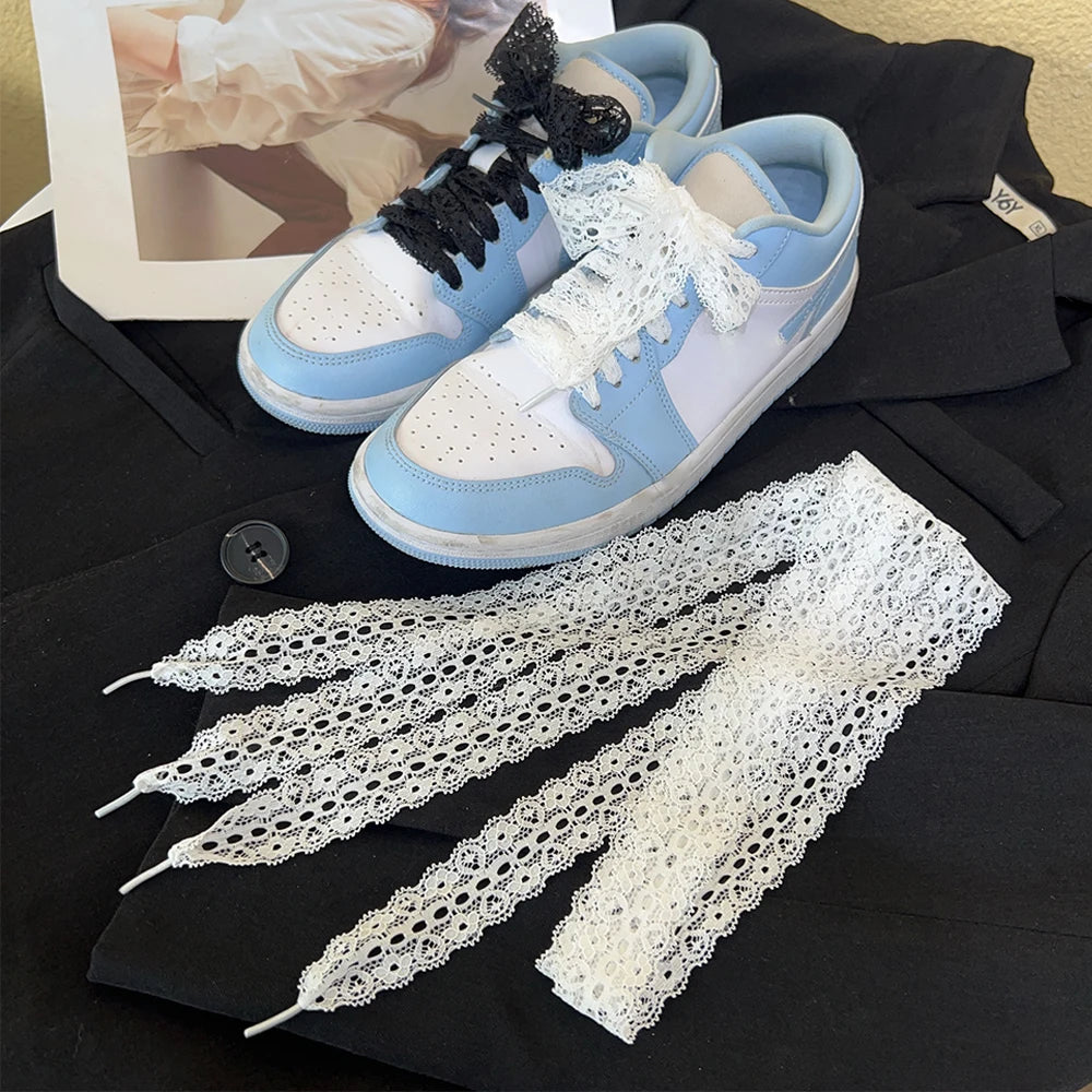 1/4Pairs Fancy Lace 3CM Wide Flat Shoelaces Sneakers Women Casual Shoes Black White Fashion Shoe Strings Replacement Accessories Pi-Mart