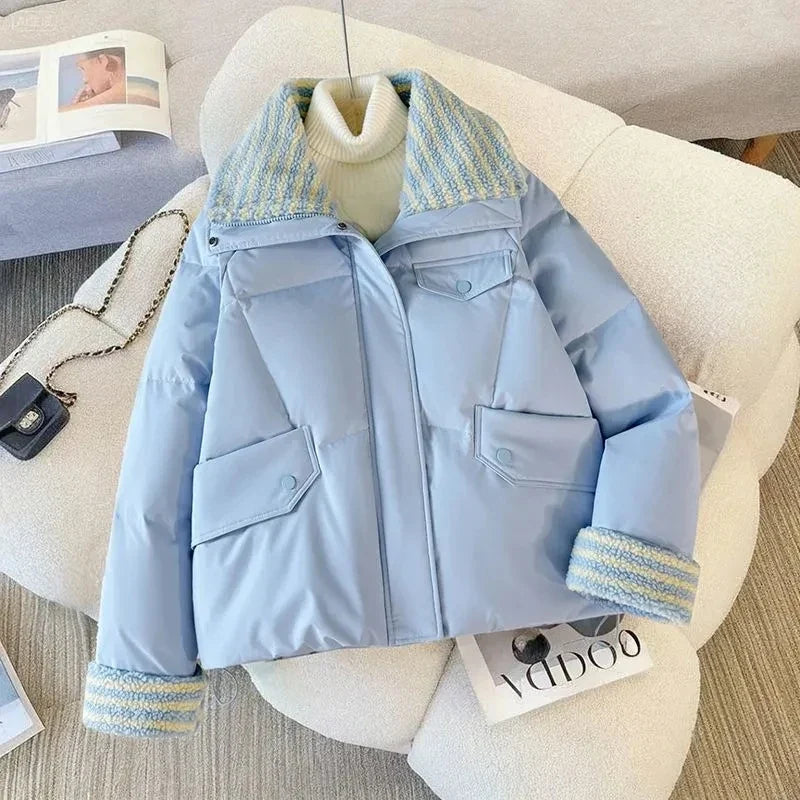 Women Lapel Collar Parkas Jacket Autumn Winter Femme Short Cotton Padded Coat Lady Fashion Long Sleeves Puffer Outwear LadyShow.Store