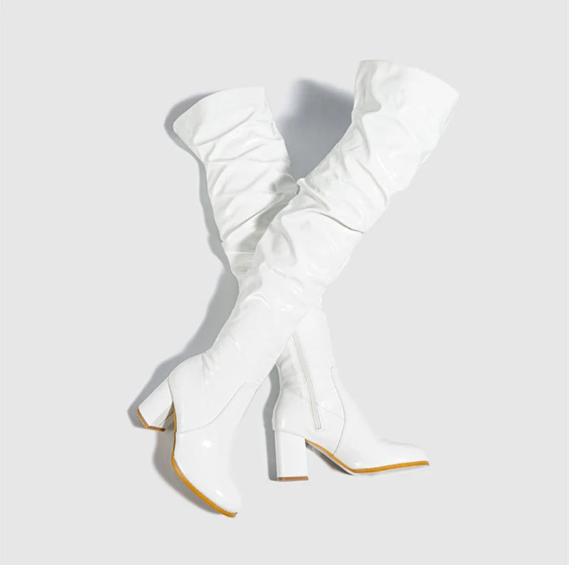 Hlieny 2026 Winter New Thigh High Boots Fashion Patent Leather Round Toe Zip Female Square Heels Pleated Design Women's Shoes Pi-Mart