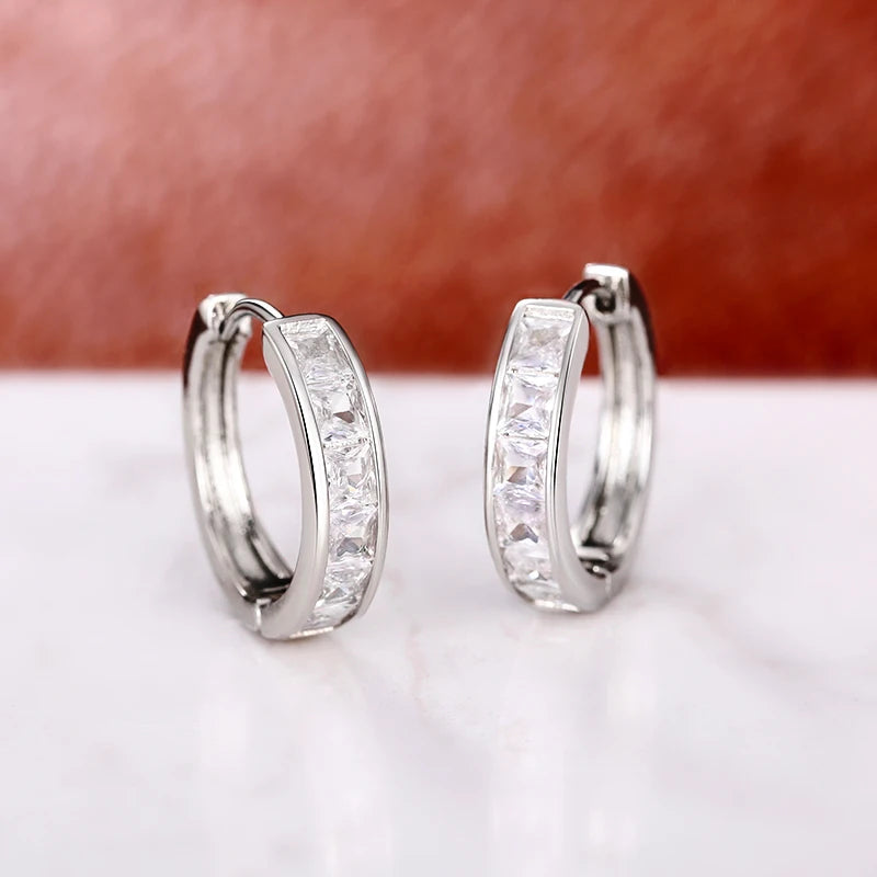 Huitan Hoop Earrings with Princess Cubic Zirconia Exquisite Ear Circle Earrings for Women Silver Color Fashion Versatile Jewelry Pi-Mart