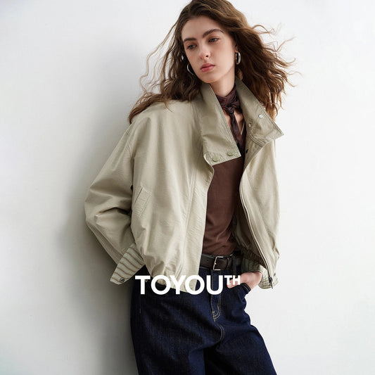 TOYOUTH Women Slub Cotton Jackets 2026 Spring New Cropped Tulip Silhouette Striped Cuff - Turn Up Stand Collar Tops LadyShow.Store