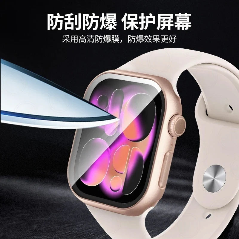 Tempered Glass+Case For Apple Watch 38-40mm 41mm 42mm 44mm 45mm 46mm Screen Protector Protective Cover iWatch 11 10 8 7 9 6 SE 5 LadyShow.Store