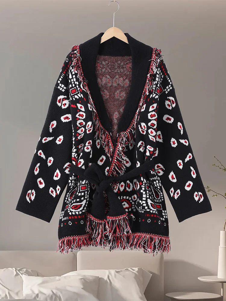 Casual Printed Cardigans Women Tassel Lace Up V-neck Full Sleeve Loose Knit Coat Female 2026 Autumn Fashion Lady Outwears LadyShow.Store