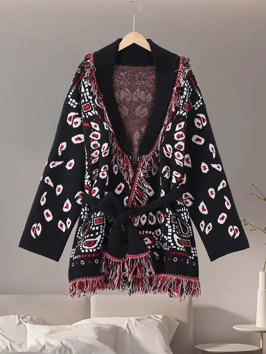Casual Printed Cardigans Women Tassel Lace Up V-neck Full Sleeve Loose Knit Coat Female 2026 Autumn Fashion Lady Outwears LadyShow.Store