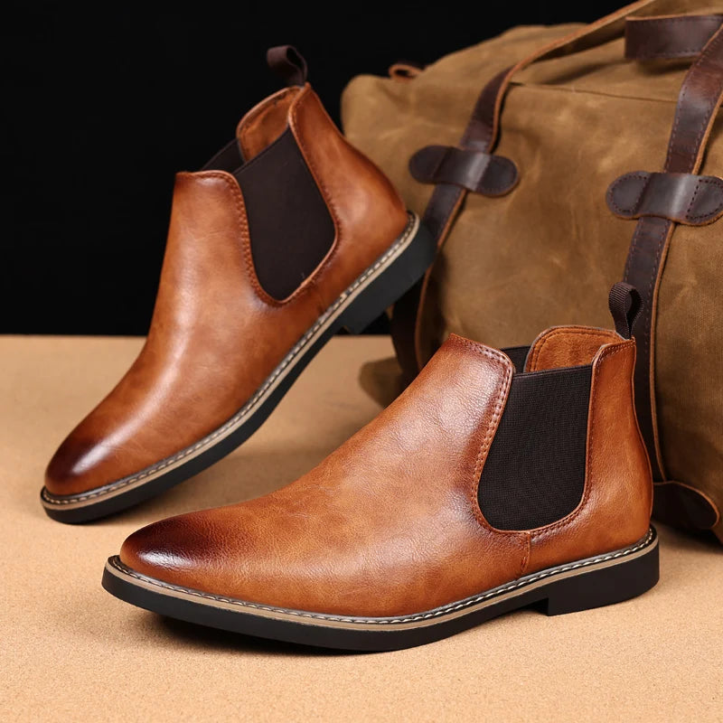 YRZL 39~47 Men Chelsea Boots Brand Retro Comfortable PU Leather Ankle Boots Men 2025 Fashion Black Brown Mens Boots Pi-Mart