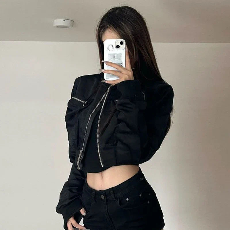 Y2k Bomber Jacket Women Baseball Jersey Jacket Zip Cropped Coat High Waist Spring Autumn Long Sleeve Outerwear Trend Tops Black LadyShow.Store