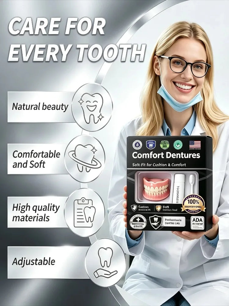 Temporary Adjustable Resin Full Dentures, Natural Bright White Smile, Easy Wear Cosmetic Dental Kit Pi-Mart