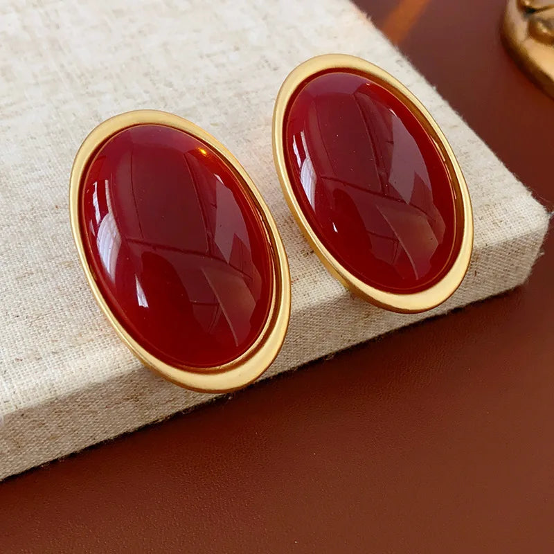 Anchor Red Geometric Oval Stud Earrings for Women Personality Versatile Resin Earrings Simple Fashion Jewelry Wholesale Gifts N1 Pi-Mart