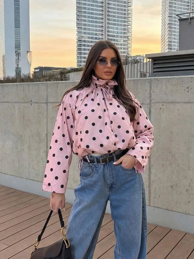 HH Women Elegant Fashion Polka Dot Pink Jacket Single Breasted High Collar Drawstring Coat Spring Lady Trend Street Outwear LadyShow.Store
