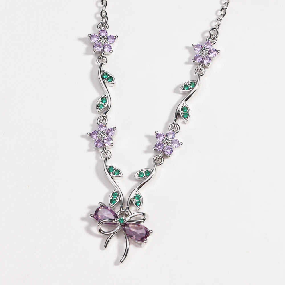 Summer New Fashion Exquisite Bow Leaf Flower Necklace For Women's Elegant Pink Zircon Chain Pendant Jewelry Gifts Pi-Mart