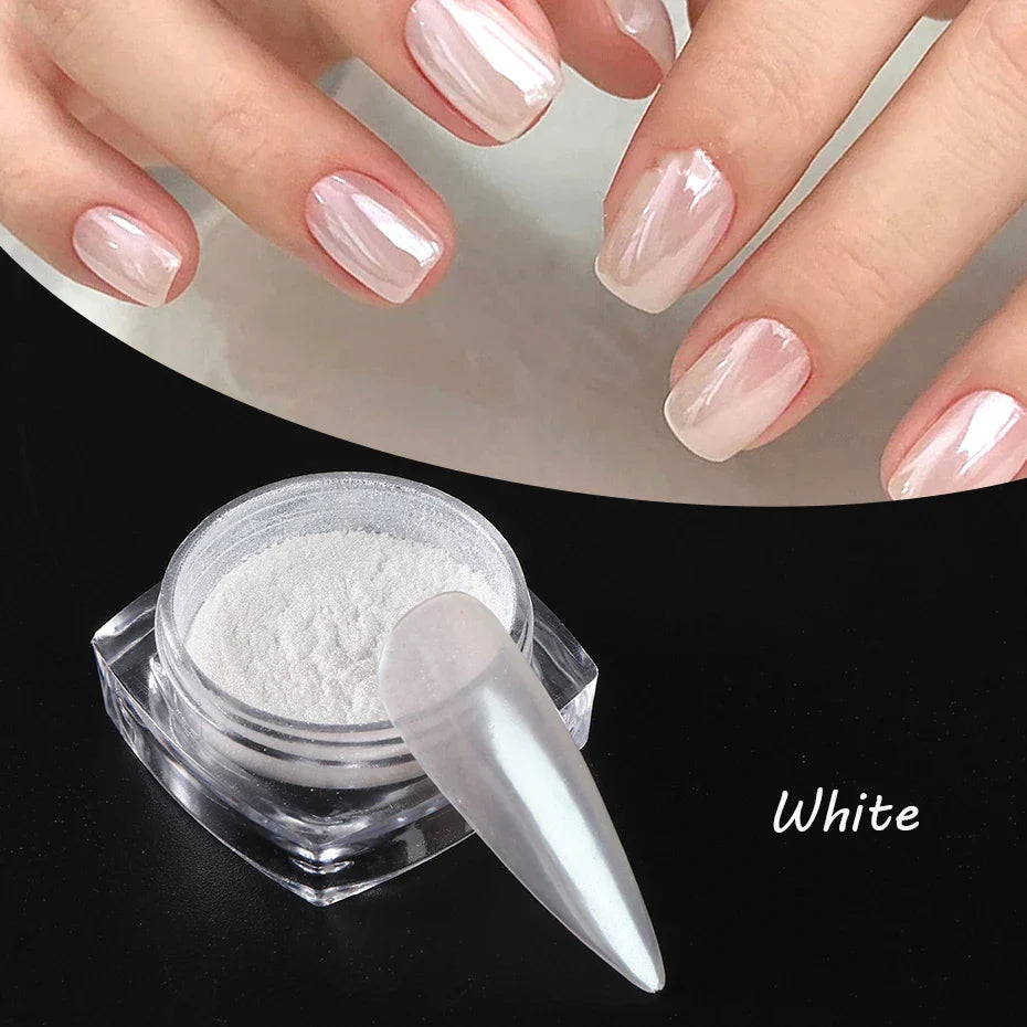 Moonlight Pearl White Nails Glitter Dust Chrome Aurora White Rubbing on Powder Shell Mirror Pigment Nail Art Supplies Decoration Tri Light Beauty