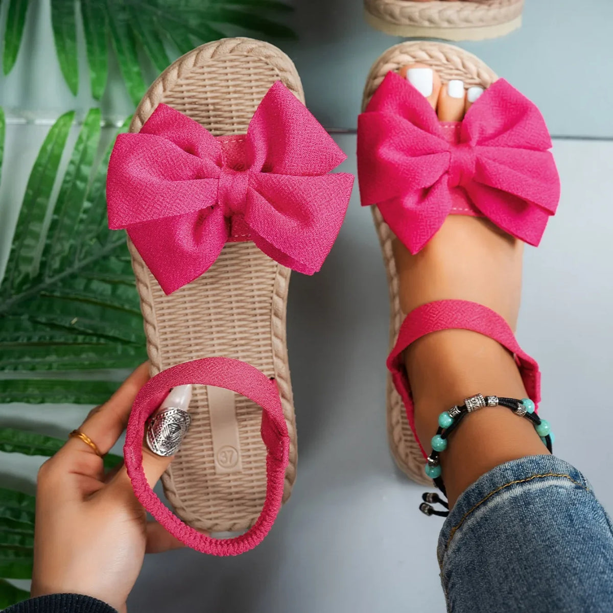 Women Sandals 2024 New Summer Lightweight Sandals Fashion Beach Casual Slippers Outdoor Bow Tie Flat Shoes Home Slides Women Pi-Mart
