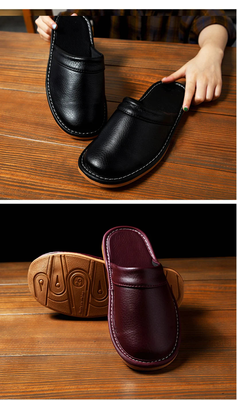 Luxury Men Leather Handmade Women Home Slippers Autumn Winter Plush Slip on Soft Black Brown Bedroom Indoor Flat Men Shoes Pi-Mart