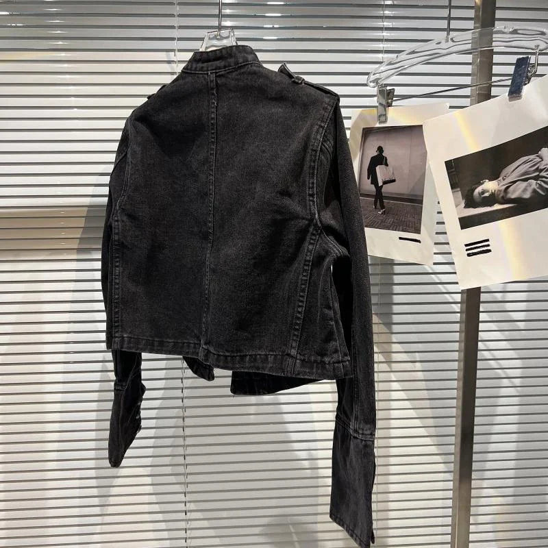 Punk Style Black Stand Up Collar Denim Jackets Vintage Washed Motor Coat For Women 2025 Autumn New Loose Long Sleeve Outerwear LadyShow.Store